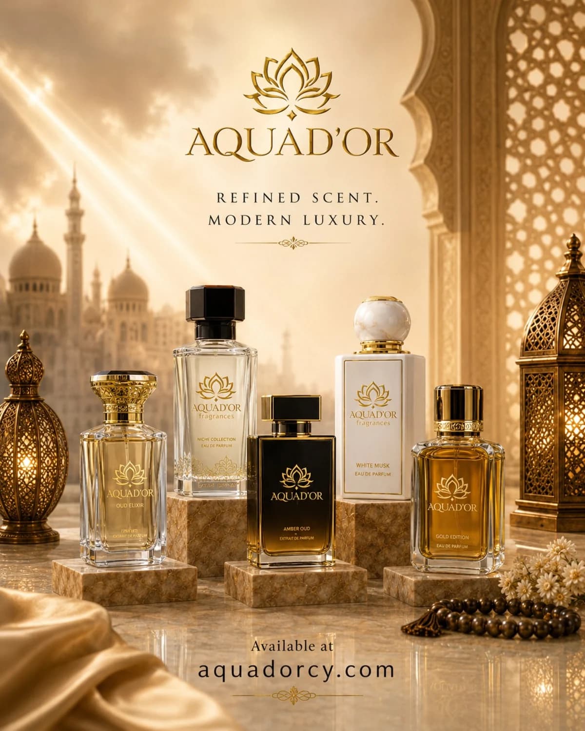 Aquad’or campaign: five Aquad’or bottles on stone plinths beneath the lotus wordmark and the line "Refined Scent. Modern Luxury."